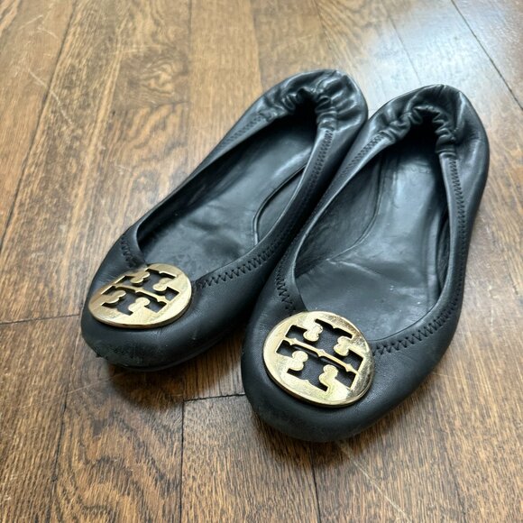 Tory Burch Classic Minnie Black Leather Ballet Flats Size 7 - Picture 2 of 4